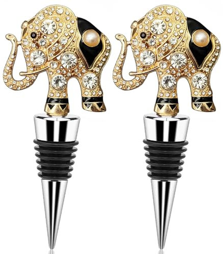 Wine Bottle Stopper Airtight Seal-Decorative Crystal Polygonal Gem Pearls Elephant Animal Gold Bottle Topper for Wine &Beverage Plug,Set of 2