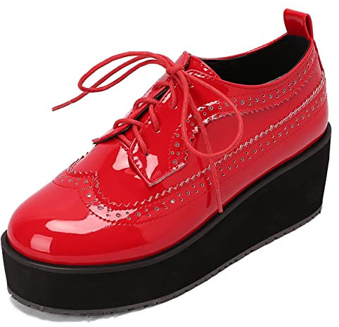 Lizoleor Donna Cordoncino Moda Vernice Richelieu Plateau Zeppa Scarpe Closed Toe Casuale Scarpe Stringate Basse Classico Ufficio Scarpe Rosso Numero 43 EU/45Cn