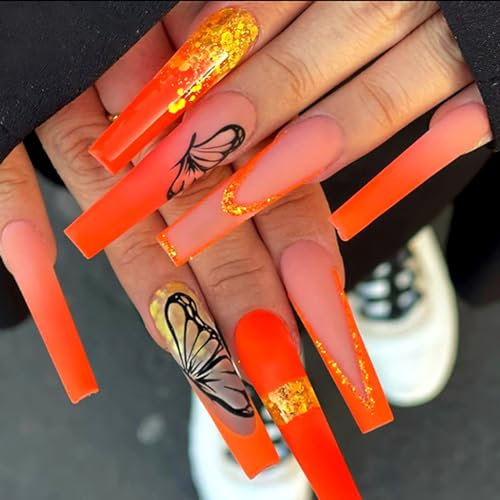 Brishow Cercueil Faux Ongles Papillon Presse sur les Ongles longs orange Paillettes Ballerine Acrylique Faux Ongles 24pcs pour les femmes et les filles