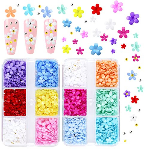 KINBOM 2 Boxes 3D Flowers for Nails with Small Caviar Beads, Flat Back 3D Acrylic Flower Nail Charms Colorful 3D Floral Nail Charms Nails Designs and Decoration Flowers for DIY Nail Art