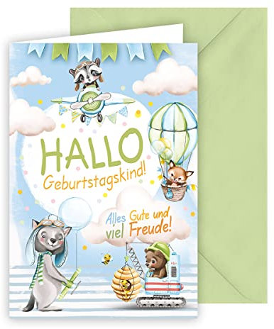 KE - Tierische Geburtstagskarte für Kinder, DIN B6 Klappkarte inkl. Umschlag, Hochwertige Karte zum Geburtstag für Jungen und Mädchen - Motiv: Tiere