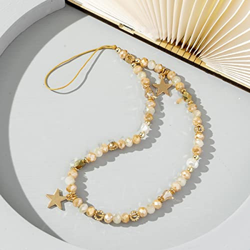 Böhmische Anti-Verlorene Handy Lanyard,Bunte Perle Telefon Lanyard Handykette Handschlaufe Universale Telefonkette Handy Charm Handyhülle Anhänger Dekoration Zubehör Handyanhänger für Damen,Gold