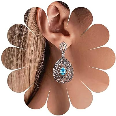 Yheakne Vintage Filigrane Tropfen Silber Stammes Ohrringe Blau Hohl Oval Wassertropfen Saphir Retro Schmuck Für Frauen Und Mädchen (hellblau)