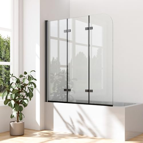 WOWINNE Duschwand für Badewanne 130x140cm Schwarz 3-teilig faltbar Duschtrennwand Duschabtrennung Badewannenaufsatz mit 5mm ESG Sicherheitsglas