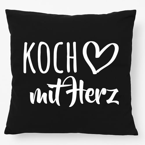 Huuraa Kissen Koch mit Herz Deko Kopfkissen mit Füllung 40x40cm Black mit Motiv für jeden Küchenchef Geschenk Idee für Freunde und Familie
