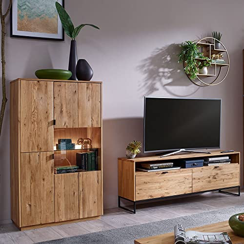 Lomadox Modernes Wohnmöbel Set mit LED Beleuchtung - Fernsehschrank mit Highboard - Wildeiche massiv geölt, B/H/T ca. 260/140/40 cm