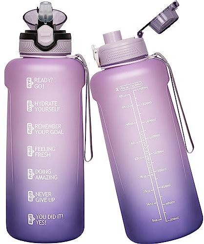 Seekua Sport Tritan Gourde 2l avec Paille & Marqueur de Temps, grosse Motivation Bouteille d'eau sans bpa reutilisable pour Gym, Fitness, 2 Couvercles, 2 litres