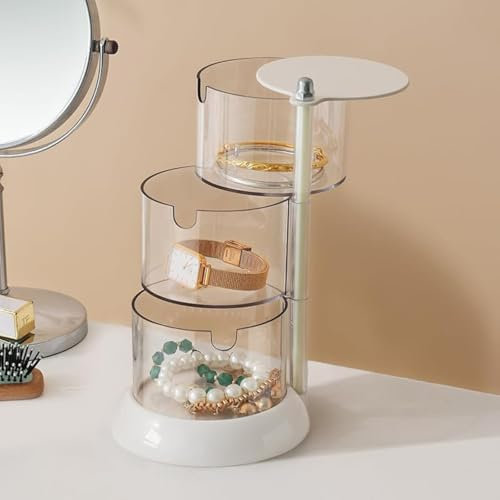 YIEZI 3-Layers Jewelry Organiser, 360 Degree Rotating Jewelry Box, Small Portable Accessory Storage Roll for Earring Necklaces, Round Tower Jewelry Storage Tray with Lid