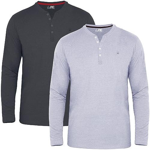 JRC 2 Pack Mens Long Sleeve Henley Shirts, Lightweight Henley Tops for Gym, Running & Casual Outings (Heather Grey, Charcoal, XL)