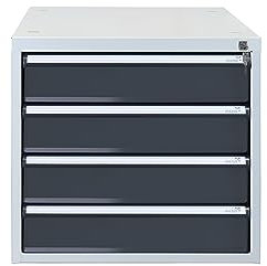 PROREGAL Schubladenbox mit 4 Schubladen für Werkbank Rhino | HxBxT 50x53x70cm | Traglast 60kg | Lichtgrau/Anthrazitgrau | Werkbankzubehör, Baukastensystem, Stahlschublade