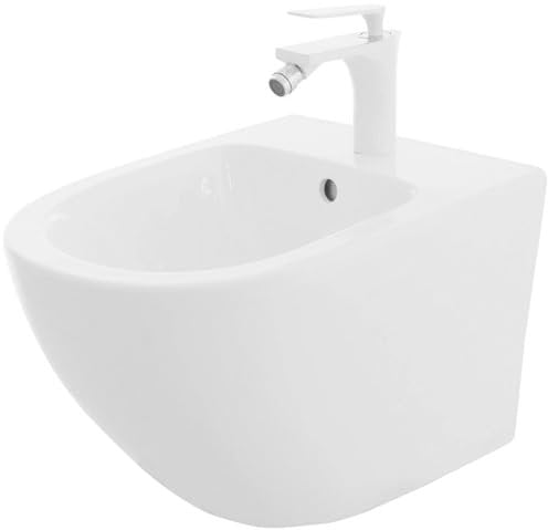 Rea Bidet suspendu Carlo Mini Bidet Mural en Céramique pour Salle de Bains 49,5 x 37 x 32,5 cm (Blanc)