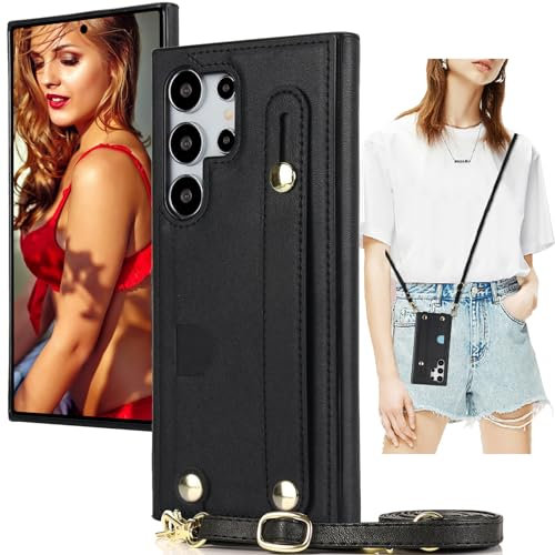 Ysnzaq Coque pour Samsung Galaxy S24 Ultra (Not S24) avec Cordon de Collier, Antichoc Cuir PU Portefeuille Élégant Housse avec [Béquille] Coque pour Samsung S24 Ultra.ZY Black