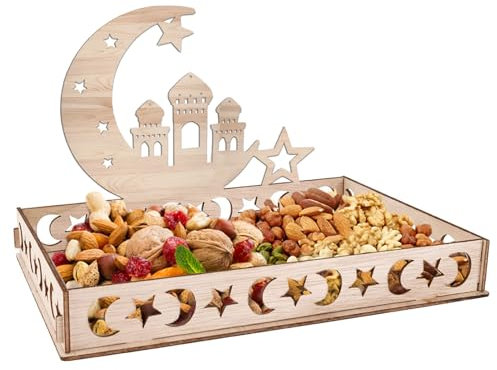 Ramadan Teller Eid Mubarak Tablett Holztablett Tischdeko für Dessertsnacks Serviertablett mit Mond und Stern Muster Ramazan Deko für Eid-Tische und Kareem Partei (Mondschloss)