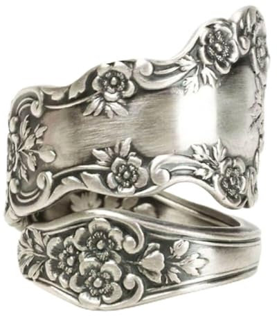 XRCXBLSC Retro Hammered Leaf Flower Statement Band Ring Flower Handcrafted Jewelry Flower Spoon Ring Sterling Silver Vintage Antique Spoon Rings for Women Boho Flower Wide Thumb Ring(V1/2)
