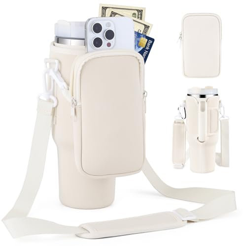 PRAOAHEI Flaschenhalter mit Tasche, Kompatibel 40oz Thermoskannen mit Strohhalm und Deckel, Wasserflaschenhalter mit Verstellbarem Riemen, Geeignet Zum Wandern Laufen Radfahren-Cream Weiß