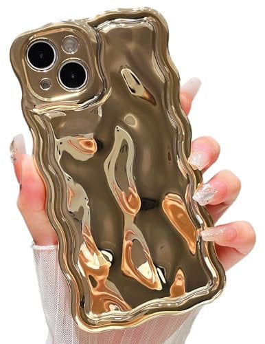 ZTOFERA Wavy Case for iPhone 14, Cute Wave Frame Shiny 3D Ripple Electroplating Design Protective Phone Case Soft TPU Bumper Shockproof Cover for Girls Women, Gold