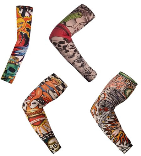 WeddHuis 4 Pcs Tattoo Ärmel Set Gefälschte Sonnencreme Armlinge Tattoo Ärmel Tattoo Armstrumpf für Männer Frauen Nylon Temporäre Tätowierung Tattoo Strumpf Arm für Karneval Fasching Party