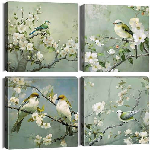 Sungeek 4 Teilig Leinwandbilder mit Holzrahme, Leinwanddruck Bilder 30x30cm, Moderne Wandbilder Kunstdruck Wand Dekoration für Wohnzimmer Schlafzimmer Esszimmer Home Büro (Blumen mit Vogel)