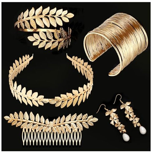 Lorbeerkranz Haarreif Kopfschmuck Gold Set, Griechische Göttin Goldener Schmuck Kostüm Zubehör Damen, Goldene Krone Stirnband Blatt Spule Oberarmreif Armband Ohrringe Metall Haarschmuck Accessoires