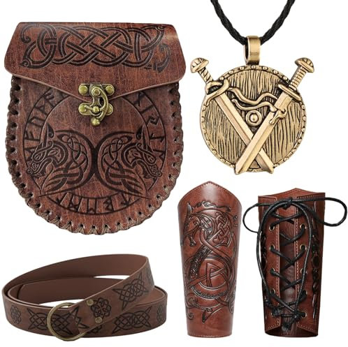 XIEXIESHER Wikinger Kleidung, 6 Stk Mittelalter Kleidung Damen Herren, Armschutz Bogenschießen, Armschienen Mittelalter, Mittelalter Gürtel Damen, Wikinger Deko für Halloween Cosplay Wikinger Kostüm