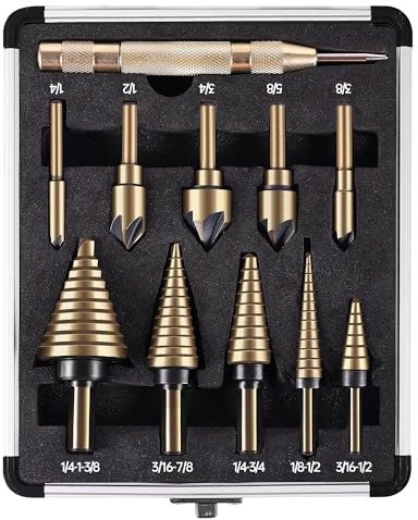 5Pcs Step Drill Bit & 5Pcs Countersink Drill Bit Set, Titanium Coated, HSS Step Bit, 50 Sizes of Step Bit for Metal with Aluminum Case, Multiple Hole Stepped Up Bits for DIY