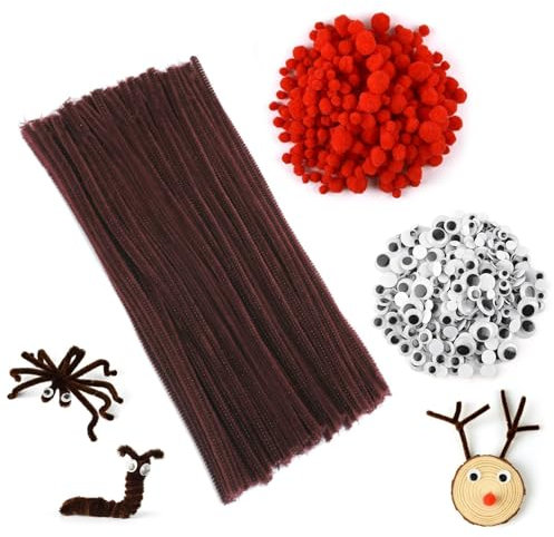 Pfeifenputzer Braun Set, 100 Stück Chenilledraht Pfeifenreiniger zum Basteln, 150 Stück Rote Pompons, 150 Wackelaugen Selbstklebend, Kinder für Weihnachtsdekoration Weihnachten Rentieren Bastelzubehör