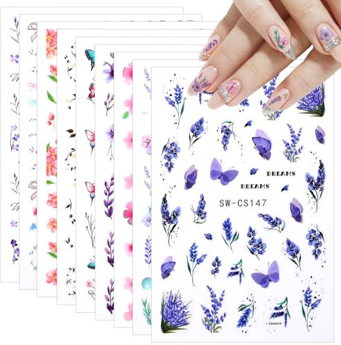 3D Blumen Nagelsticker, 9 Blätter Selbstklebende Nail Sticker Sommerblumen Schmetterlings Nagelsticker Farbenfrohe Nageldekoration Nailart Sticker für DIY Nagelkunst Nailart Zubehör
