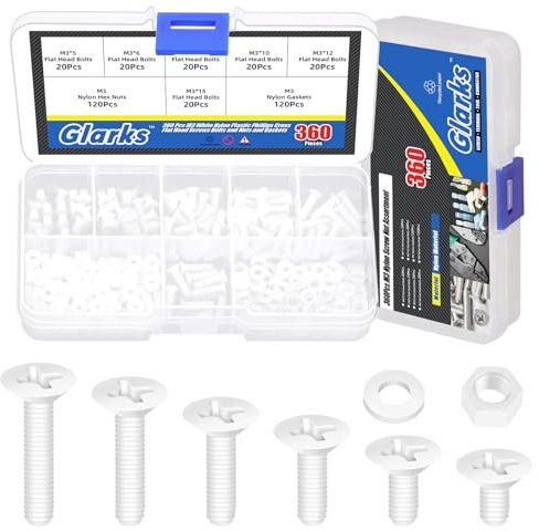 Glarks 360 pièces M3 x 5/6 / 8/10 / 12 / 15mm vis pour nylon cruciforme tête boulon machine, vis pour blanc cruciforme tête plate
