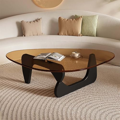 Table basse triangulaire moderne en verre avec base en bois, facile à installer, bords lisses, bleu sarcelle, noir, 82 cm x 57 cm x 40 cm