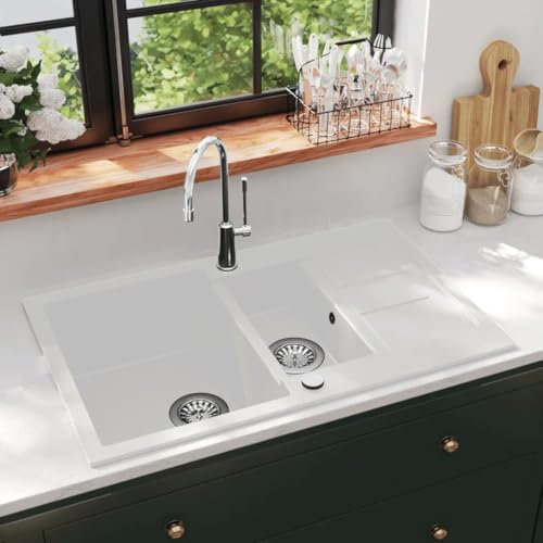 Hardware, Sanitär, Sanitärarmaturen, Spülen, Küchen- und Allzweckspülen, Granit-Küchenspüle, Doppelwaschbecken, Weiß