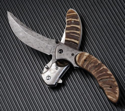Joa Klappmesser 9.25 Taschenmesser Schwarz Aus Muster Stahl & Schafhörner, Lange Outdoor Survival Messer Edc Wandern Jagdmesser, Scharfes Einhandmesser, Geschenk für Männer