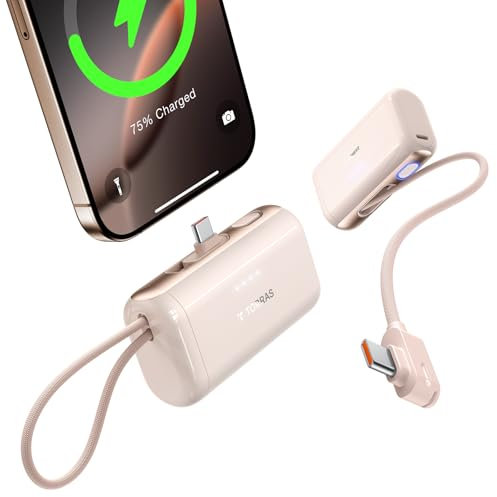 TORRAS Mini Powerbank 5000mAh, 22.5W PD3.0 Schnellladen Power Bank Klein mit integriertem USB-C Kabel, Kompatibel für iPhone 16/15 Serie, Samsung, Google, iPad Pro/Air, AirPods-Wüste Titan