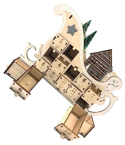 DECHOUS Hölzerner Countdown Weihnachtskalender Schlittenstil Holz mit Leuchtkasten Weihnachtsdekoration für Zuhause 24 Stück ohne Batterie