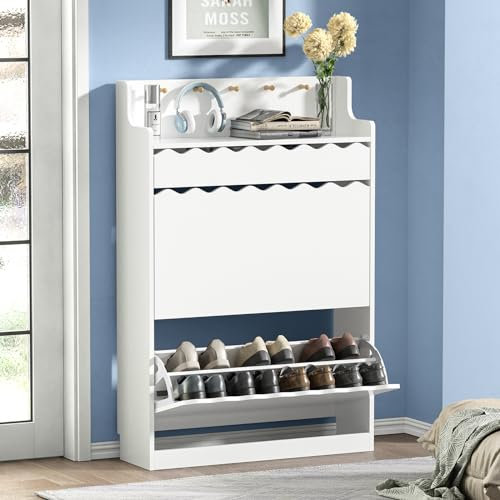 Yvsevnr Schuhschrank Weiss mit 2 Klappen und 1 Schublade, Hoch Schuhkommode Flur Holz mit Offenes Fach, 5 Haken, Schuhkipper, Schuhregal für den Eingang, Flur, Wohnzimmer