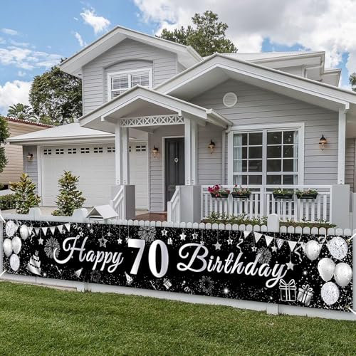 PartyYaa 70. Geburtstag Banner, 70. Geburtstagsbanner Deko, Extra Großes Happy Birthday Banner Party Fotoautomaten Hintergrund Deko Schild Poster für Männer und Frauen (Silber Schwarz)