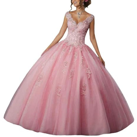 BABYONLINE D.R.E.S.S. Robe De Bal Cendrillon pour Jeune Femme - Robe Cérémonie Ado avec Dentelle Et Paillettes en Tulle - Décolleté Coeur - Parfaite pour Bal De Promo Et Soirées Élégantes en Rose,56