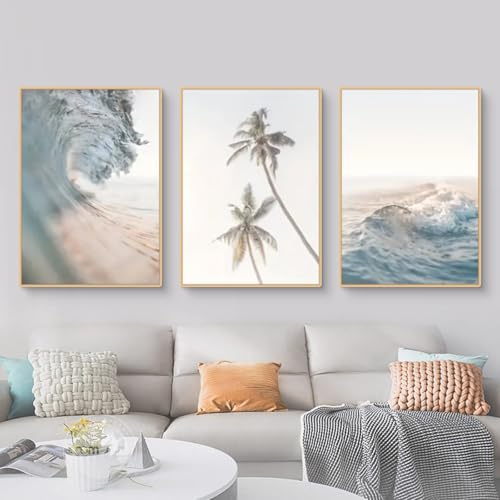 Ueiwffzo 3er Poster Set, Strand Natur Szenerie Modern Wandbilder Leinwand Bilder Set, Meer Wellen Wandposter OHNE Rahmen Leinwand Wohnzimmer Deko Schlafzimmer Wanddeko (30x40cm,Stil A)