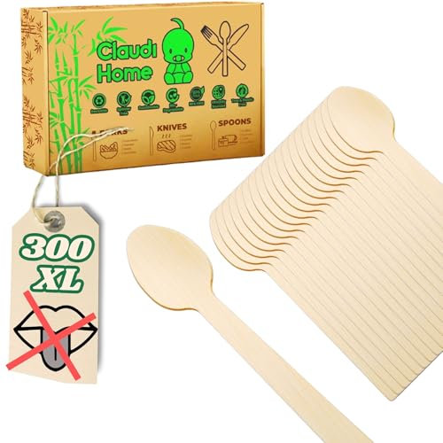 Senza sapore legnoso. Set di 300 Cucchiai XL in bambù ecologico compostabile. Cucchiaio 16cm. Picnic, barbecue, festa, compleanno @Claudi Home