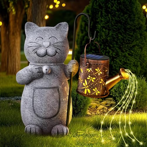 Voarge Solar-Gartenstatue, Gartendeko Solar Licht, Gartenkunst mit Solarlaterne,Gartenfiguren Beleuchtete Skulptur Ornamente für Außen,für Draußen Balkon Terrassen Geschenke für Frauen (Kätzchen)