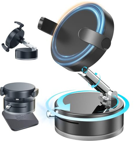 EXGOING Suction Phone Holder 2-in-1 Vacuum Magnetic Car Mount: Foldable Shake-Proof Design with N54 Magnet | 360° Rotation for iPhone 12-15 | Extreme Temp Resistant (-40℃-70℃) & Auto-Clamp