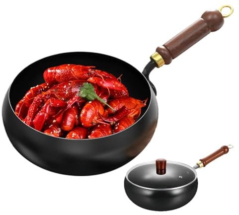 GjnjfdF 28 cm Iron Pan, Forged Deep Wok Pan, Wok with Lid, Induction, Kitchen Pan, Non Stick Pan with Wooden Handle, for Roasting, Slewing, Scratch-resistant, Robust