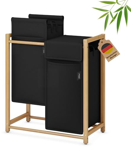 XMHome Wäschekorb 99L mit 2x49L Fächern Bambus Wäschesammler mit Deckel | Wäschesortierer mit herausnehmbaren Taschen, rechteckige Wäschebox für Schlafzimmer, Bad & Waschküche Schwarz