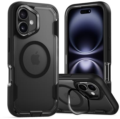 MobNano Magnetisch Hülle für iPhone 16 Hülle, [Kompatibel mit MagSafe] Militärschutz Stoßfest Schutzhülle mit Robust Ständer, Heavy Duty Bumper iPhone 16 Case - Mattschwarz