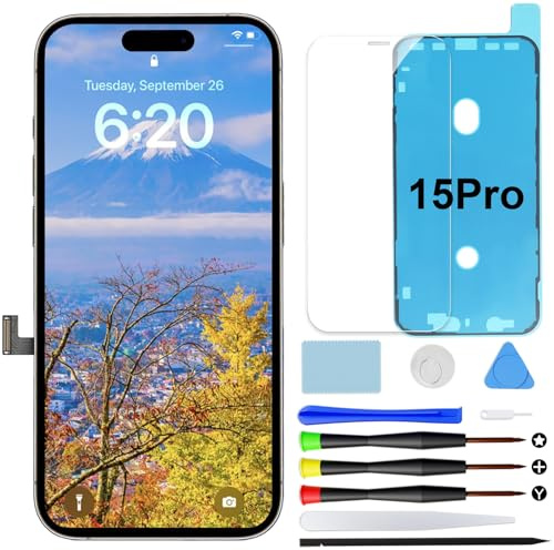 Pantalla para iPhone 15 Pro LCD FHD Incell COF Digitalizador Táctil 6,1 | Kit de reparación con herramientas, sello impermeable y vidrio templado, pantalla Retina LCD táctil con True Tone y Face ID