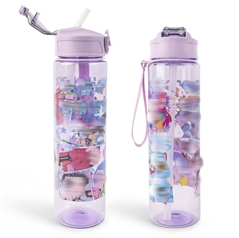 Heartsking K Pop Water Bottle for Girls, Purple Reusable Plastic Water Bottle with Straw for Sports and Travel Drinkware Merch Gift for Girls Fans Teens Party Birthday