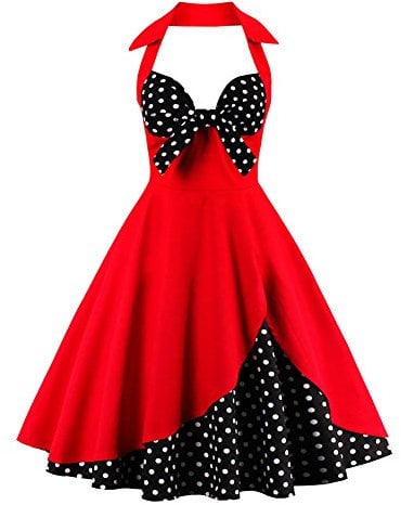 IWEMEK Damen Halter Vintage 1950er Rockabilly Retro Kleider Elegantes 50er Pinup Hepburn-Stil Swing Neckholder Knielang Abendekleider Partykleider Cocktailkleider Faltenrock # Rot Polka Dots L