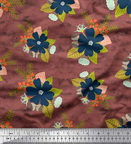 Soimoi Brauner Japanischer Crepe Satin Stoff Eiche Nussbaum, Blatter & Floraler Kunstlerischer Dekor Stoff Bedruckt Mit Einer Breite Von 42 Zoll