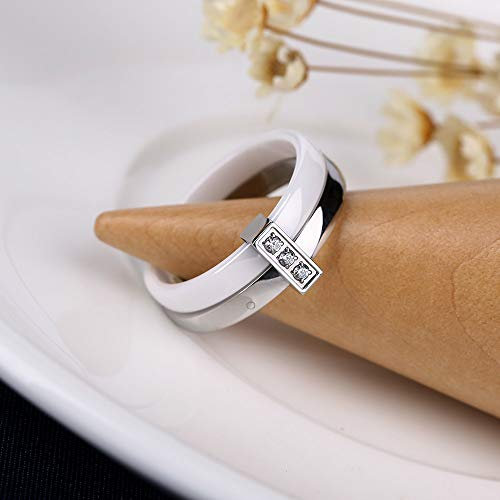 Zuiaidess Keramik Ring, Weißer Zwei-Schichten-Ring Für Frauen Aus Rostfreiem Stahl Silber Mit Intarsien Zirkon, Dünne Ringe Einzigartiges Design Hochzeit Engagement Schmuck, 10
