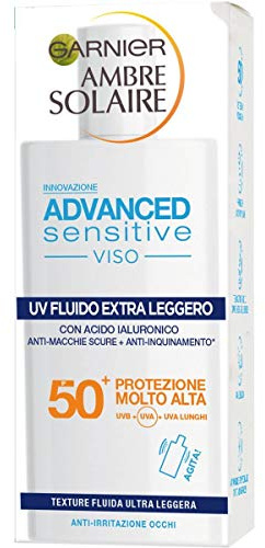 Garnier Ambre Solaire UV-Flüssigkeit für Gesicht, extra leicht, Advanced Sensitive, LSF 50+, sehr hoher Schutz, angereichert mit Hyaluronsäure, 50 ml