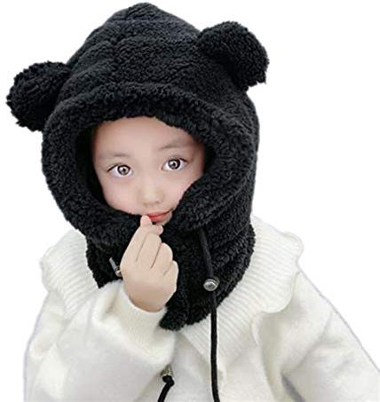 Enfant Bonnet Peluche Cagoule Calotte Automne Hiver Femme Filles Garçons Châles Capot Capuche Chaud Chapeau Bonnet Cache Cou Enfant Cagoule Hat (3-12 Ans, Noir)